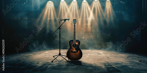 Guitar and microphone on a smoky background