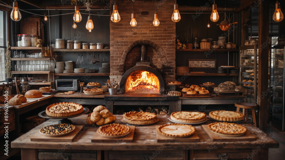 A rustic kitchen or bakery setting. A large brick oven with a roaring fire is prominently featured in the center, illuminated by multiple hanging bulbs. Various baked goods, including pies and bread A rustic kitchen or bakery setting. A large brick oven with a roaring fire is prominently featured in the center, illuminated by multiple hanging bulbs. Various baked goods, including pies and bread