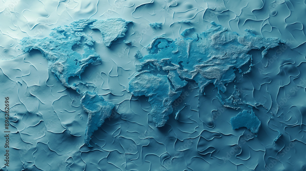 A 3D representation of the world map, with continents and oceans distinctly outlined. The continents, including North America, South America, Africa, Europe, Asia, Australia, and Antarctica A 3D representation of the world map, with continents and oceans distinctly outlined. The continents, including North America, South America, Africa, Europe, Asia, Australia, and Antarctica