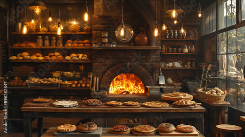 A rustic kitchen or bakery setting. A large brick oven with a roaring fire is prominently featured in the center, illuminated by multiple hanging bulbs. Various baked goods, including pies and bread © @ArtUmbre