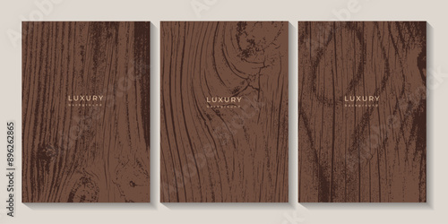 Set of wooden textures. Eco concept background with wood annual rings texture. Banner with dried planks pattern. Stamp of tree trunk in section. Templates with wooden concentric circles. Walnut wood
