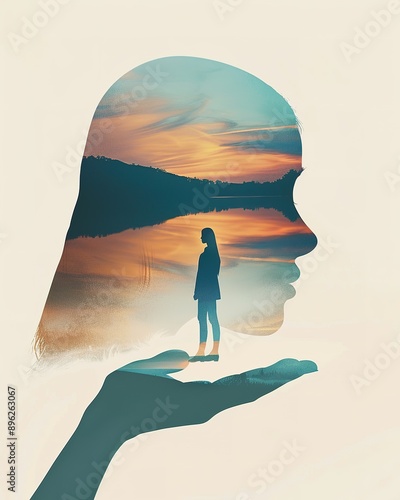 Silhouette of Woman with Scenic Landscape Overlay photo