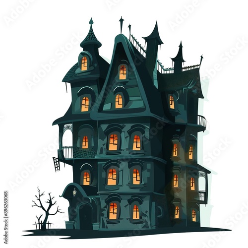 Gothic Haunted Mansion with Bare Trees halloween isolated simple with bat photo