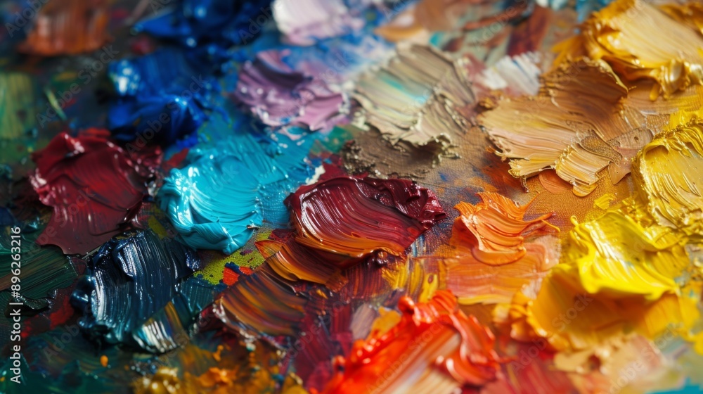 Naklejka premium Close-up shot of an artist's palette covered with various colors of oil paint