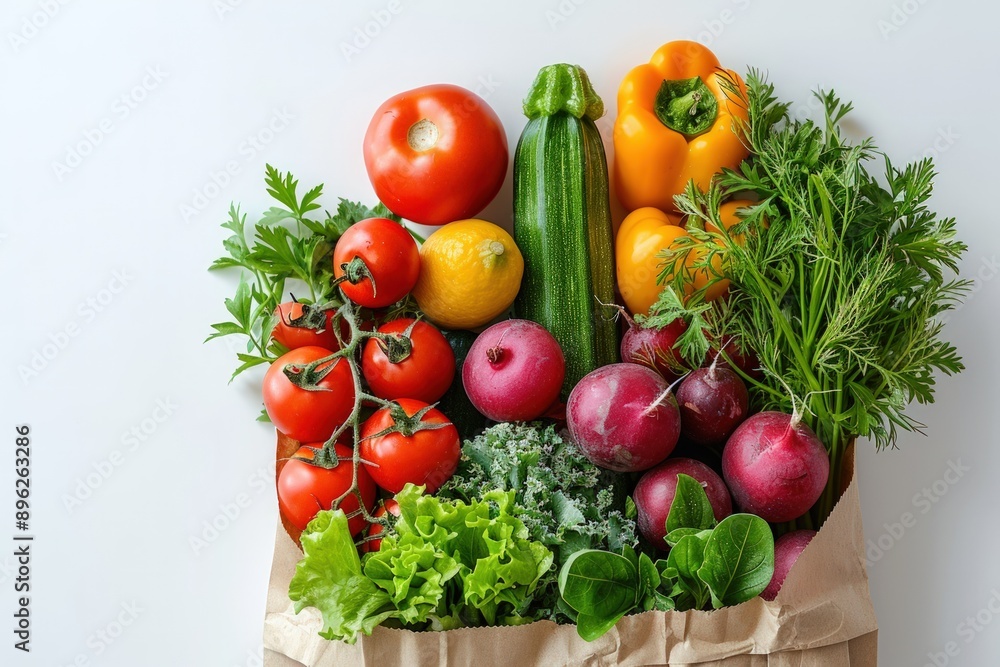 A paper bag full of vegetables and fruits on white background. Generate AI image A paper bag full of vegetables and fruits on white background. Generate AI image