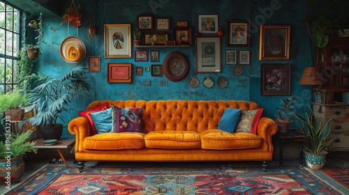 living room interior design with a bright sofa and many paintings in retro kitsch style © Kate
