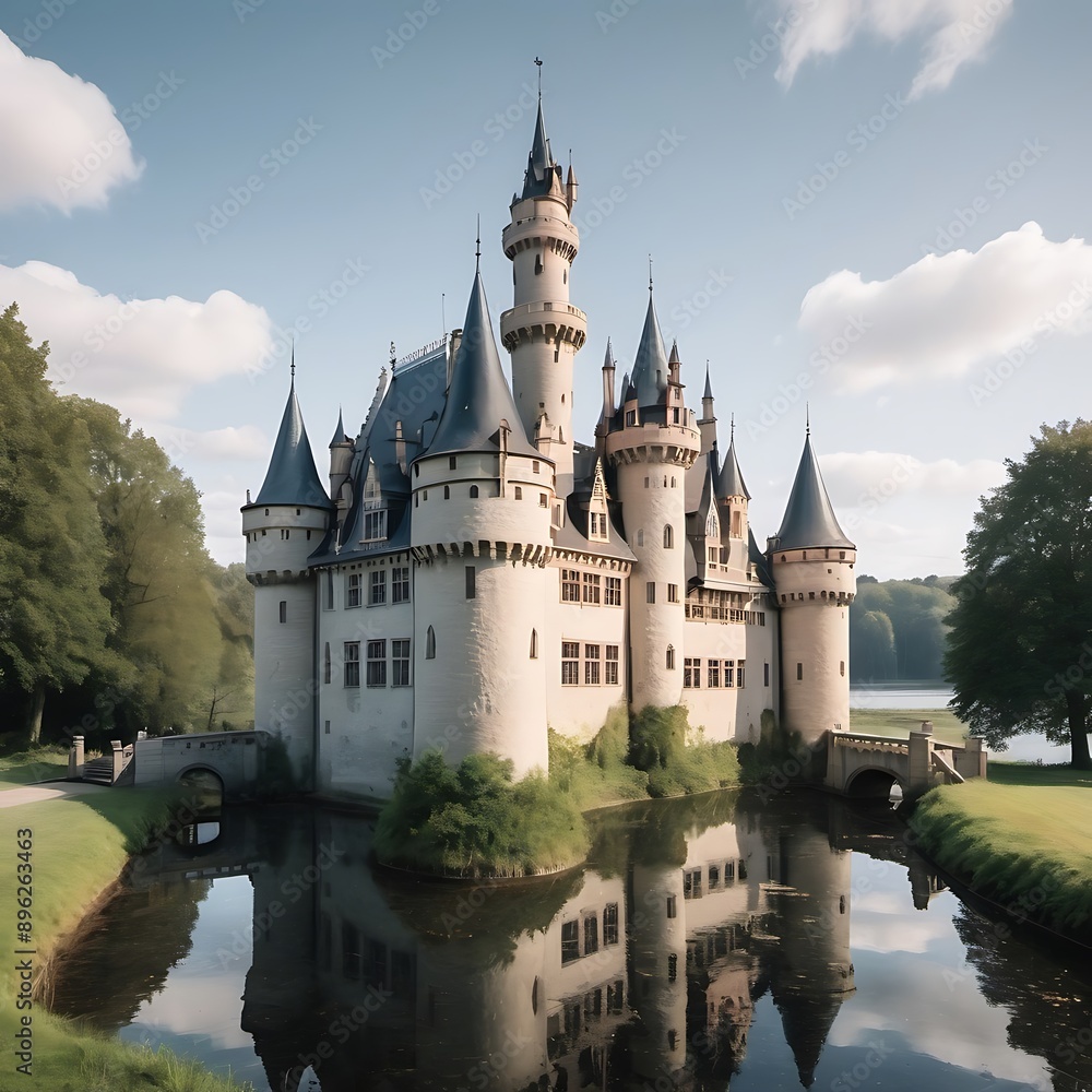 A fairytale castle with turrets and a moat A fairytale castle with turrets and a moat