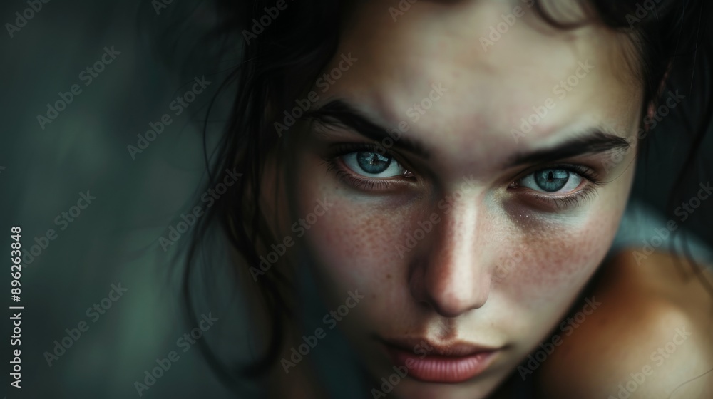 Portrait of a woman with a sad expression, captured in soft lighting Portrait of a woman with a sad expression, captured in soft lighting