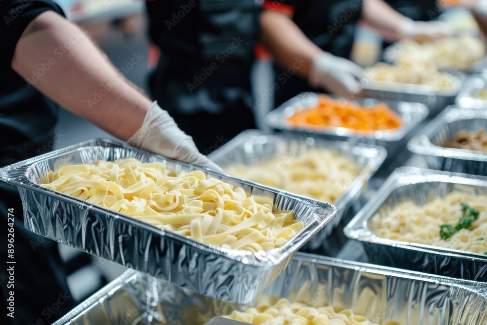 Obraz premium catering service handling containers of pasta food
