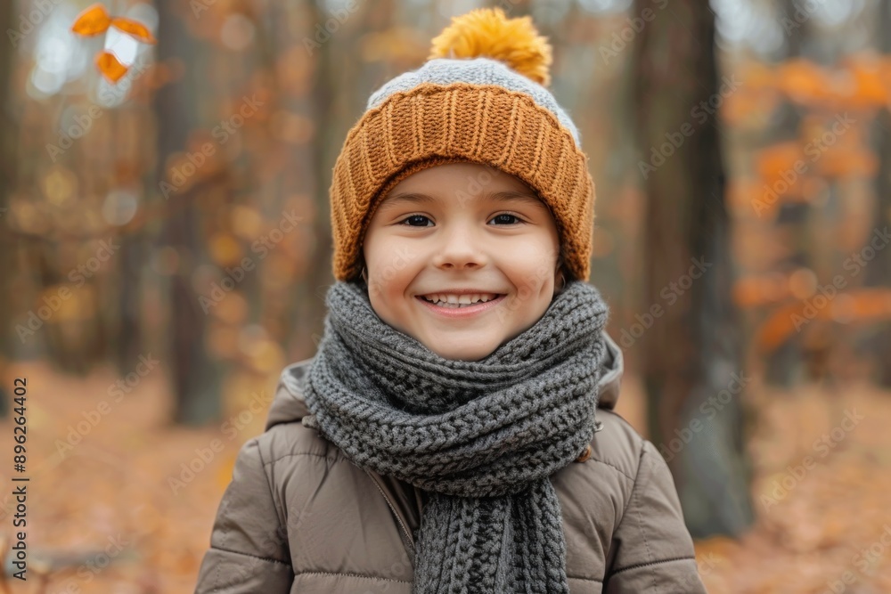 cheerful child with scarf and hat smiling in autumn forest cheerful child with scarf and hat smiling in autumn forest