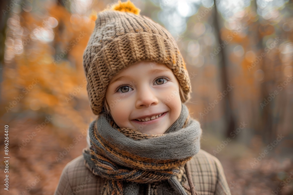 cheerful child with scarf and hat smiling in autumn forest cheerful child with scarf and hat smiling in autumn forest
