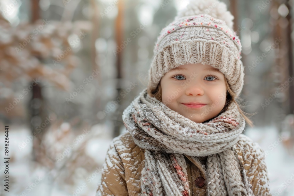 cheerful child with scarf and hat smiling in winter forest cheerful child with scarf and hat smiling in winter forest