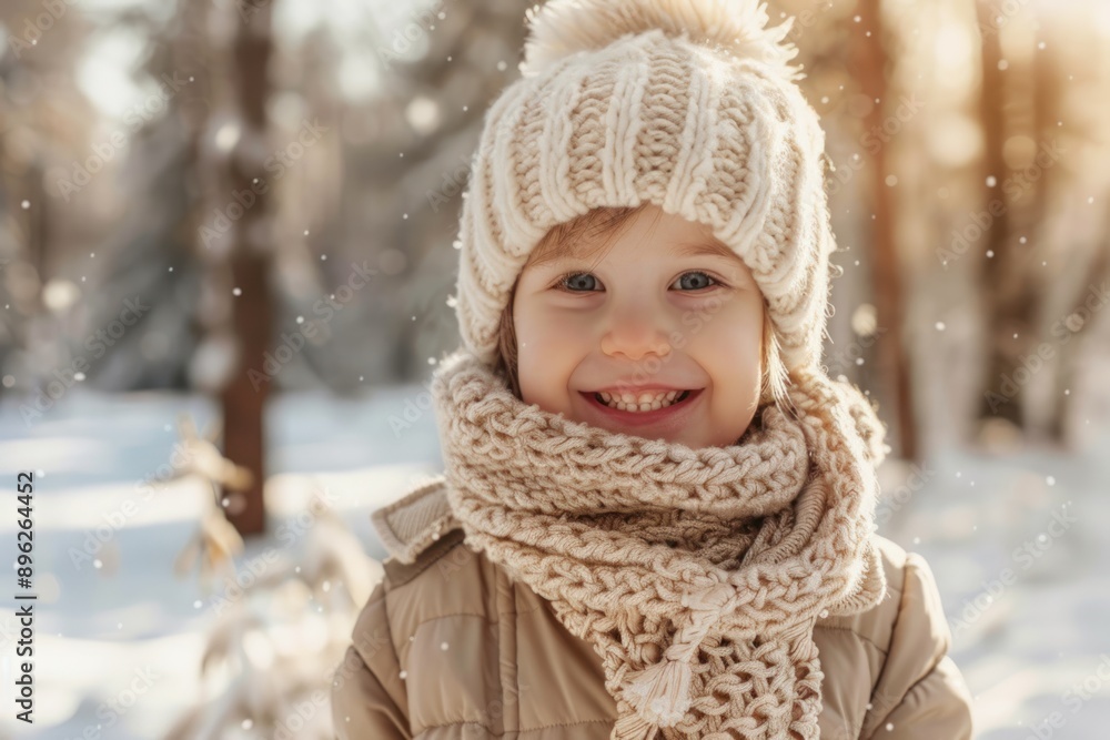 cheerful child with scarf and hat smiling in winter forest cheerful child with scarf and hat smiling in winter forest
