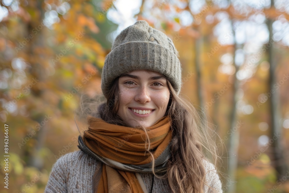 cheerful woman with scarf and hat smiling in autumn forest cheerful woman with scarf and hat smiling in autumn forest