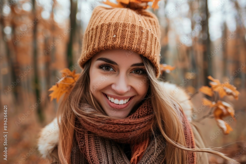 cheerful woman with scarf and hat smiling in autumn forest cheerful woman with scarf and hat smiling in autumn forest