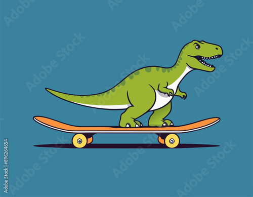 Vector Happy and Smiling Dinosaur. Cartoon Green Dinosaur Tyrannosaurus Rex, Tyrex with Outline on Skateboard, Design Template, Skater Dinosaur. Funny Print, T-shirt Design for Kids stock illustration