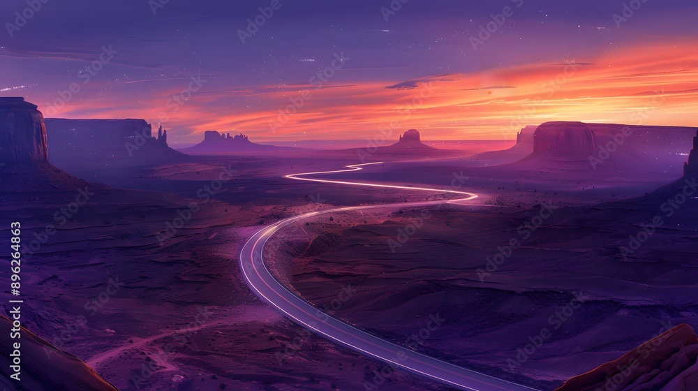 Fototapeta premium A winding road through a desert landscape at sunset, with vibrant purple and orange hues. The mountains in the background add depth and scale to the scene.