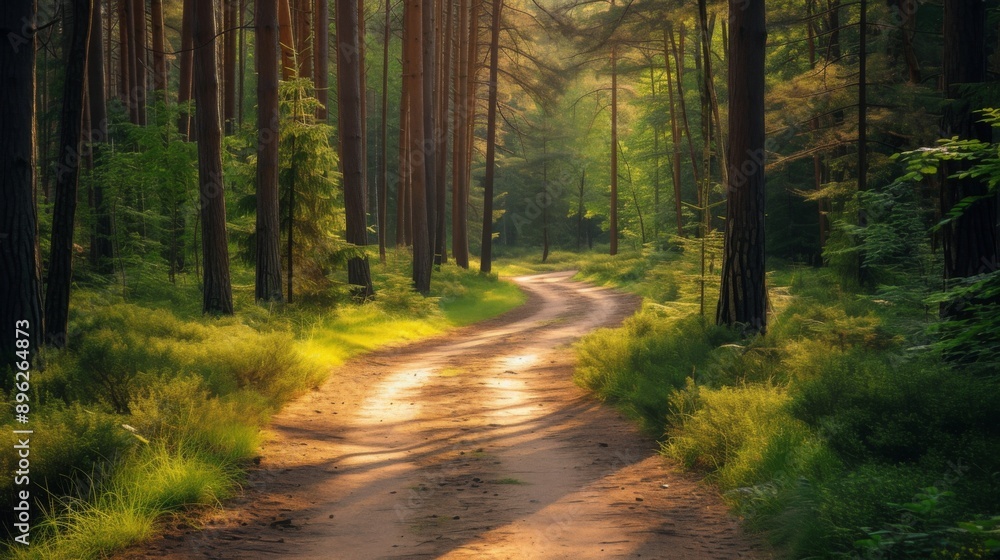Obraz premium Picturesque nature trail winding through a forest, with dappled sunlight on the path