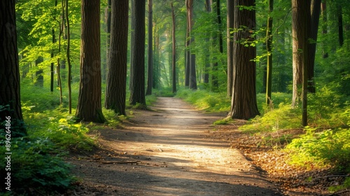 Picturesque nature trail winding through a forest, with dappled sunlight on the path