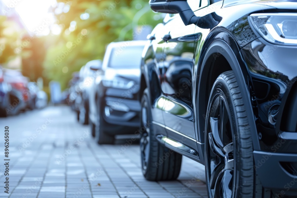 Car parked at parking lot. Used car for sale and rental service. Car insurance background. Automobile parking Car parked at parking lot. Used car for sale and rental service. Car insurance background. Automobile parking