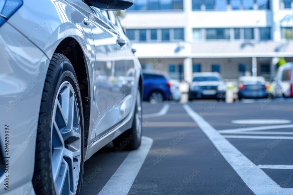 Car parked at parking lot. Used car for sale and rental service. Car insurance background. Automobile parking Car parked at parking lot. Used car for sale and rental service. Car insurance background. Automobile parking