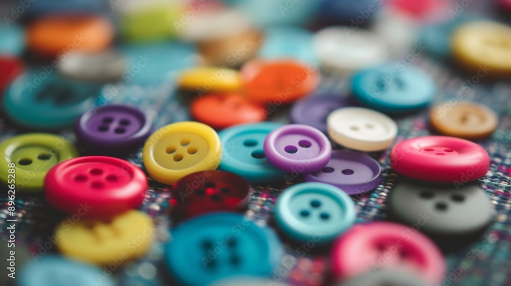 Collection of colorful buttons scattered on a fabric surface Collection of colorful buttons scattered on a fabric surface
