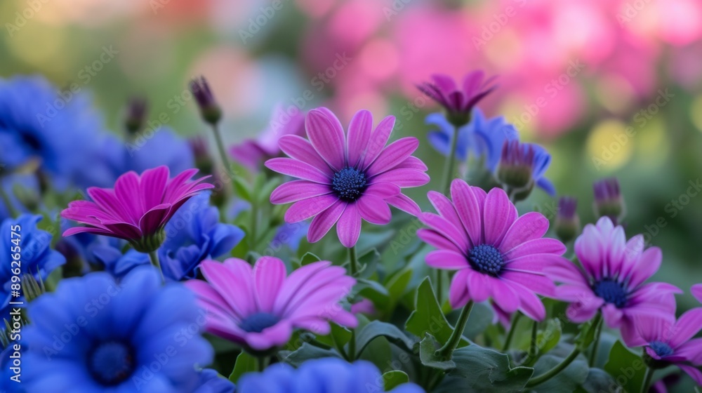 Obraz premium Close-up of purple and blue flowers in full bloom, with natural lighting