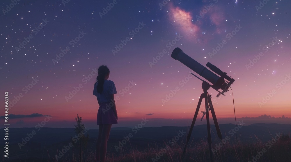 Girl with astronomical telescope stargazing under twilight sky. Girl with astronomical telescope stargazing under twilight sky.