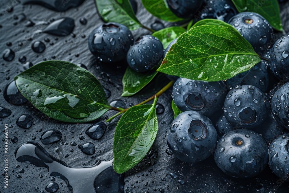 closeup of blueberries on table with leaves and water drops closeup of blueberries on table with leaves and water drops