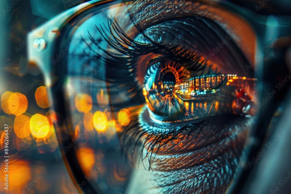 closeup of eye with glasses and city light reflections closeup of eye with glasses and city light reflections