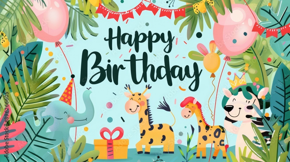 Fototapeta premium kids happy birthday card text with animals, celebratory, party card, birthday greetings, events poster, birthday celebration