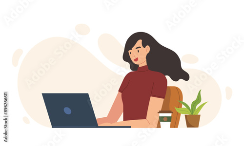 Happy young woman sitting and using laptop working. Flat vector illustration. Concept of working at modern office, customer e-mail reply, online conference, freelancer, working from home, quarantine.