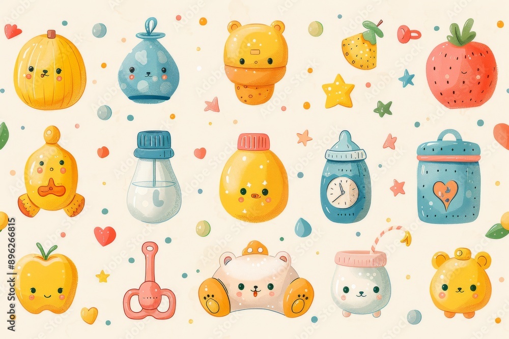 Baby-themed pattern featuring cute icons: rattles, pacifiers, and baby bottles, all set against a pastel-colored background. Generative AI Baby-themed pattern featuring cute icons: rattles, pacifiers, and baby bottles, all set against a pastel-colored background. Generative AI