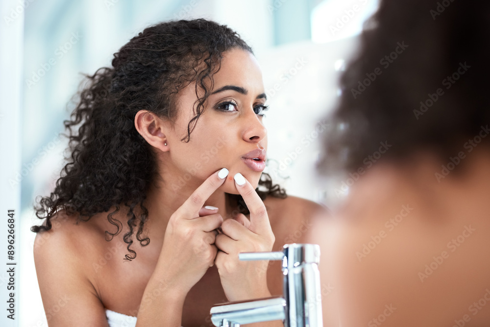 Woman, mirror and pop pimple with skincare wellness, self care and morning grooming in home. Female person, reflection and squeeze acne with dermatology crisis, blackhead and facial scar in bathroom Woman, mirror and pop pimple with skincare wellness, self care and morning grooming in home. Female person, reflection and squeeze acne with dermatology crisis, blackhead and facial scar in bathroom