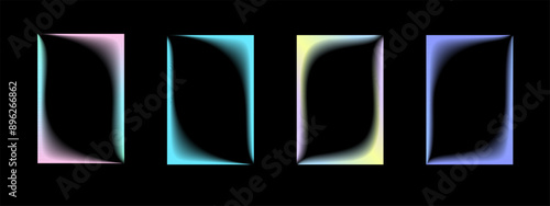 Collection of transparent rectangular gradient frames with wavy inner borders. Set of retro frames with blur. Vector illustration on black background