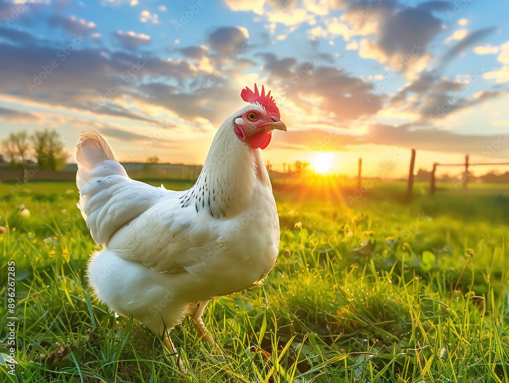 Fototapeta premium Chicken on rural green grass at sunset