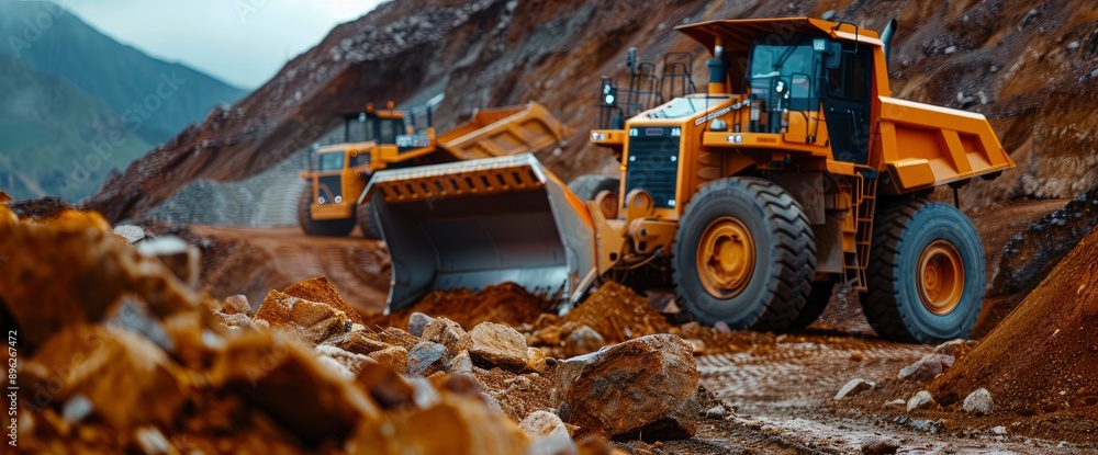 An Open Pit Diamond Mine With A Mining Dozer Ripper For Rocks And A Large Blade For Cleaning, Showcasing Power And Resource Extraction An Open Pit Diamond Mine With A Mining Dozer Ripper For Rocks And A Large Blade For Cleaning, Showcasing Power And Resource Extraction