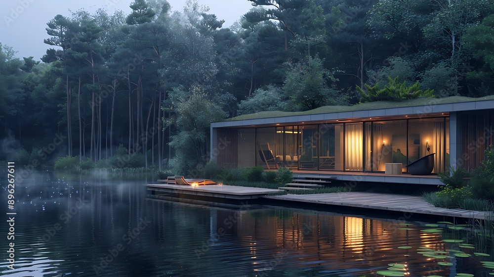 Obraz premium A forest house on the lake with small wooden jetty of a luxurious style forest house on the edge of a lake