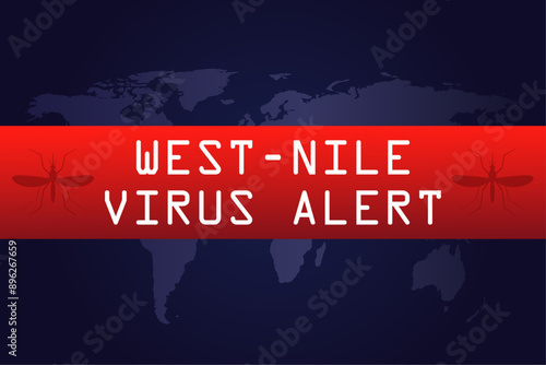 West Nile virus alert. Vector illustration gradient background with world map, mosquito and text. Health concept.