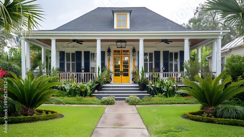 A front view of an acadian renovated home with columns sidewalks and a colorful front door recently purchased with the changing real estate market photo