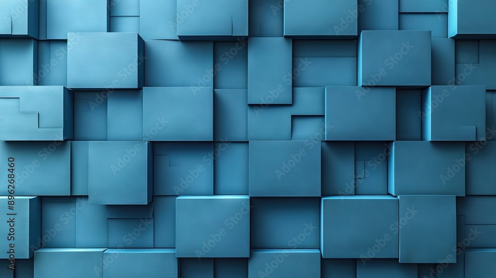 A blue wall composed of various shade squares and rectangles, featuring one central square and a middle square A blue wall composed of various shade squares and rectangles, featuring one central square and a middle square