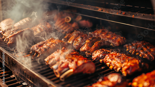 close up of delicious Easter holiday barbecue with large ribs and chicken on the grill, smoke rising behind photo