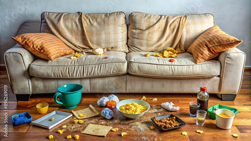 A worn, stained, and sagging couch dominates the room, surrounded by snacks, remotes, and empty food containers, epitomizing laziness and sedentary behavior. photo