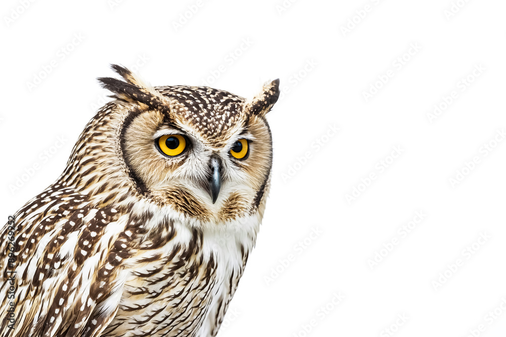 Fototapeta premium Close Up of an Owl's Face Against a White Background