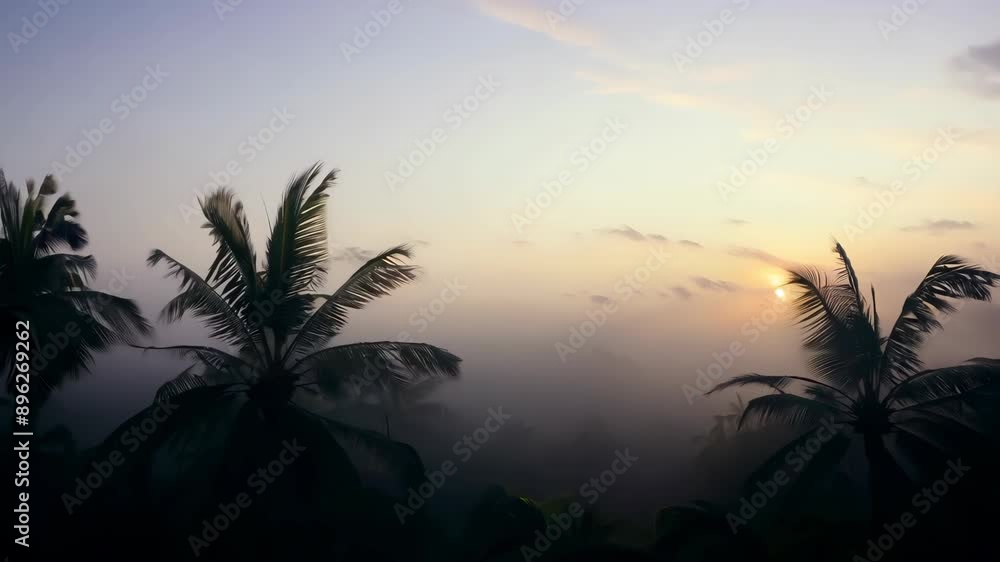 A beautiful sunset over a tropical forest with palm trees. The sky is a mix of orange and purple hues, creating a serene and peaceful atmosphere A beautiful sunset over a tropical forest with palm trees. The sky is a mix of orange and purple hues, creating a serene and peaceful atmosphere