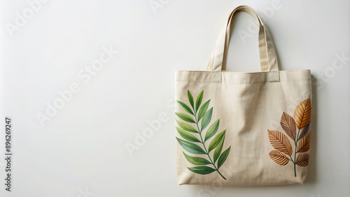 Eco-friendly clothing brand showcases a minimalist, earth-toned tote bag with natural fibers, visible stitching, and a subtle leaf pattern, conveying environmentally responsible style photo