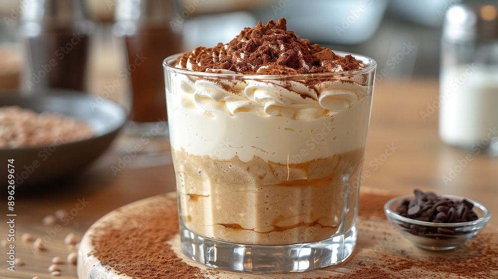 A dessert sits atop a wooden table, beside a bowl of chocolate chips and a glass of milk A dessert sits atop a wooden table, beside a bowl of chocolate chips and a glass of milk