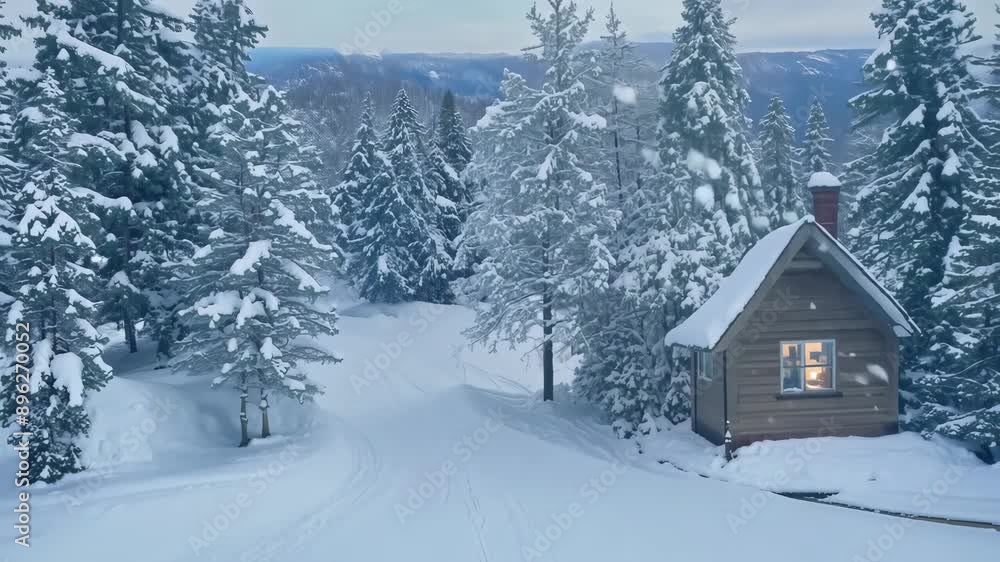 A cabin is surrounded by trees and snow. The cabin is small and cozy, with a window that lets in some light. The scene is peaceful and serene, with the snow-covered ground A cabin is surrounded by trees and snow. The cabin is small and cozy, with a window that lets in some light. The scene is peaceful and serene, with the snow-covered ground