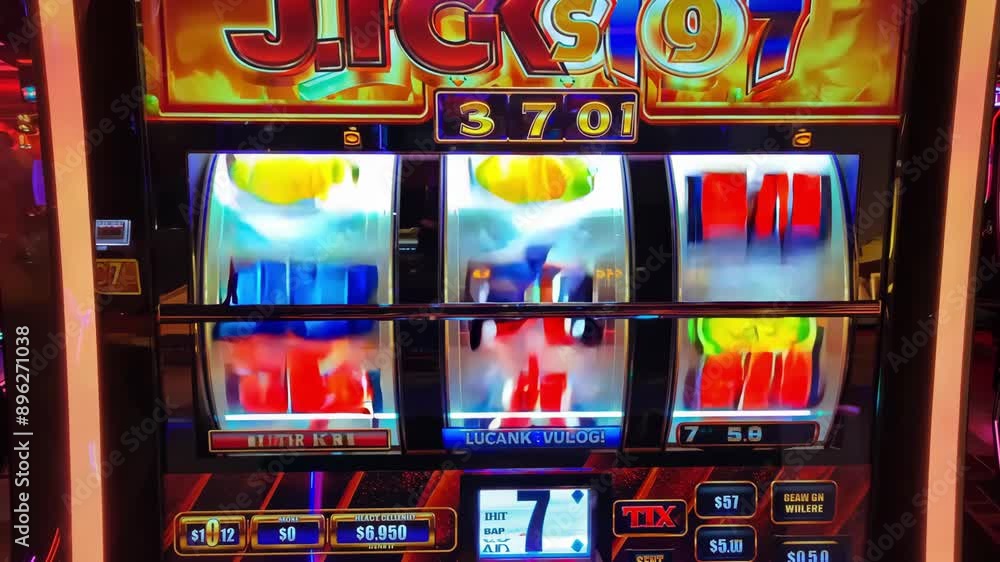 A slot machine with three reels and a green, yellow, and red light. A slot machine with three reels and a green, yellow, and red light.