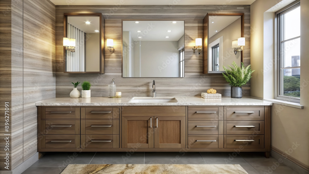 Modern bathroom vanity features a sleek quartz countertop with a stylish sink and ample copyspace for text, surrounded by elegant fixtures and a neutral background. Modern bathroom vanity features a sleek quartz countertop with a stylish sink and ample copyspace for text, surrounded by elegant fixtures and a neutral background.